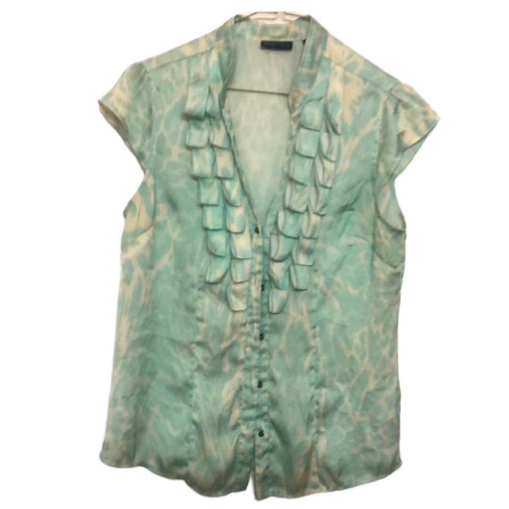 🌞 New York & Co Vintage Mint Green Button Up Ruffle Blouse Short Sleeve top 8